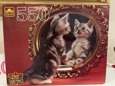 Vintage Sealed Golden 550 Piece Puzzle Of a Kitty Cat In A Mirror-Kitschy Cute - Image 1 of 4
