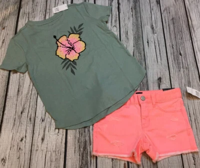 Gap Kids Girls 6 Tropical Sequins Flower Shirt & Bright Denim Shorts Outfit. Nwt - Image 1 of 4