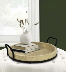 17-inch Round Light Wood and Metal Tray - Picture 1 of 5