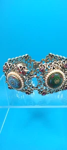 Vintage 7.25" Purple Rhinestone Faux Pearl Mosaic Like Panel Link Bracelet - Picture 1 of 5