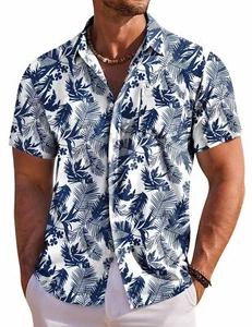 Men's Short Sleeve Hawaiian Shirts Casual Summer Vacation Shirts White - Palm... - Picture 1 of 6