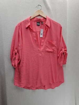 NUEVO CON ETIQUETAS NY&C Blusa Soho Rosa Coral Mangas con Pestañas Enrollables Botón Talla-XL Foto 1 de 4