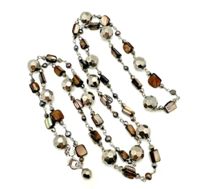 Vintage COOKIE LEE Genuine Pearl & Shell Bead Necklace Brown & Beige 40" - Picture 1 of 8