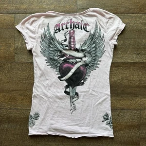 Y2K 2000's Womens M Pink Affliction Archaic Heart Sword Wings Emo Myspace Top - Picture 1 of 6