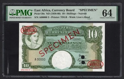 East Africa 10 Shillings ND(1958-60) P38s "Specimen N.3" UNC Grade 64 - Image 1 of 2