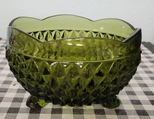 Indiana Glass Vintage Avocado Green Diamond Point Bowl 3 Footed Candy Dish EUC - Picture 1 of 7
