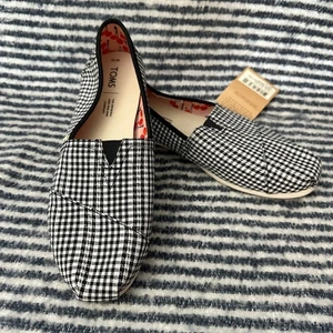 TOMS Womens Classic Black Gingham Stripe Comfy Slip On Canvas Loafers sz 10 NEW - Picture 1 of 7
