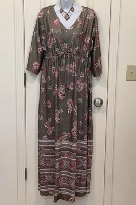 NEW One World Live & Let Live Women’s M Olive Green Maxi Dress Boho Peasant - Image 1 of 4