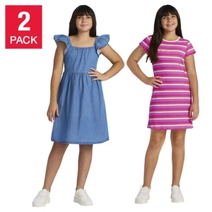 ROXY Mädchen Kleid, 2er Pack Kurzarm - Blau Rosa - Größe XS 5/6 - Neu - Bild 1 von 7