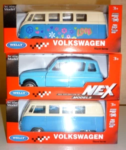 VOLKSWAGEN-VAN BUS-RENAULT 4-LOTTO DI 3 MODELLINI WELLY-PERFETTI CON SCATOLA - Foto 1 di 1