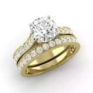14K Yellow Gold Plated 3.10 CT Round Cut Moissanite Engagement Bridal Ring Set - Picture 1 of 5