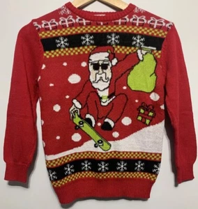 Well Worn Holiday Christmas Sweater Red Santa Skateboard Kids Size Small - Picture 1 of 6