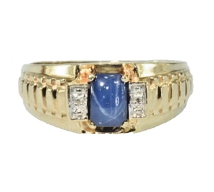 SOLID 10k  Yellow Gold  Ring  Lab Created  Star Sapphire  Natural Diamond 4.7 gr - Picture 1 of 16