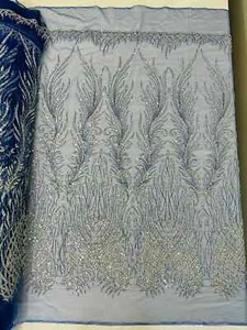 Feather Pattern Fabric - Royal Blue Embroidered Beads Heart Design Mesh Yard - Picture 1 of 5