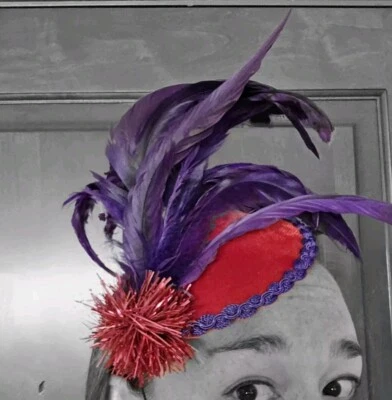 Vtg Mardi Gras Feather Hat Red Purple Hat Society Tuzzie Muzzie Handmade CA - Image 1 of 4