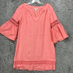 Crown & Ivy Linen Shift Dress Women's S Coral Preppy Bell Sleeve Crochet Beach - Picture 1 of 10