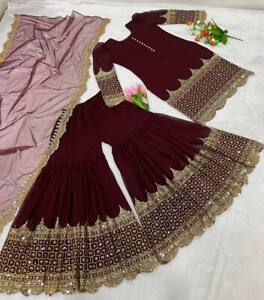 Maroon Stitched Sharara Palazzo Sequence Suit Plazzo Top Readymade Salwar Kameez