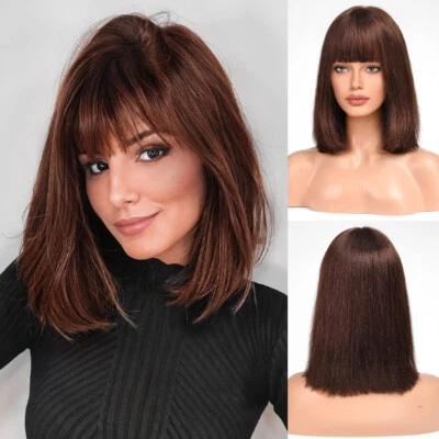 Brown Short Bob Wig with Bangs 100% Human Hair Wigs No Lace Machine Made Wigs - Image 1 of 4