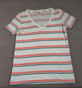 Victoria's Secret Pink V Neck T Shirt Top Womans Small Striped Retro Rainbow Tee - Picture 1 of 10