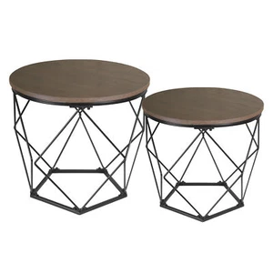 2er Set Beistelltisch Holz, Couchtisch Wohnzimmertisch Korbtisch Metalltisch - Bild 1 von 15