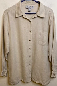 REAL Comfort 100% LINEN Women’s Button-Up Shirt Top Blouse Beige Tan LARGE - Picture 1 of 3