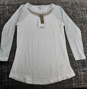 J. Blusa Top Crew Mujer Blanca Gris Con Cuentas Manga Larga Talla Pequeña Nueva con Etiquetas - Imagen 1 de 9