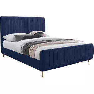 Maklaine Contemporary Upholstery Navy Velvet Queen Bed - Picture 1 of 7