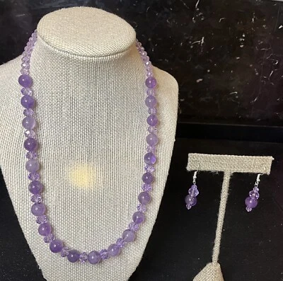 Collar de cuentas de piedra púrpura y cristal hecho a mano y pendientes colgantes 925 GG Foto 1 de 4