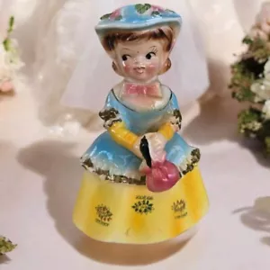 Vintage girl figurine in yellow & blue dress Pink Bow Blue Floral Bonnet 1950s - Picture 1 of 5