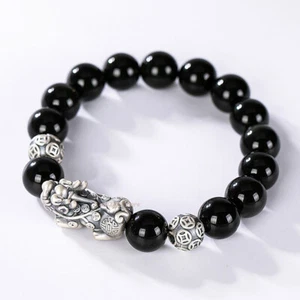 Real 999 Pure Silver Bracelet Man Women Obsidian Dragon Pixiu Beaded Link 7.1''L - Picture 1 of 12