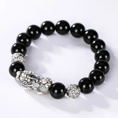 Real 999 Pure Silver Bracelet Man Women Obsidian Dragon Pixiu Beaded Link 7.1''L - Image 1 of 4