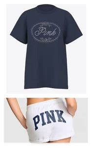 Victoria’s Secret PINK Butt Logo Shorts & Campus LOGO BLING TEE 2 Piece Set M - Picture 1 of 5