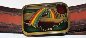 VTG EMBOSSED PATTERN LEATHER BELT W/INDIANA METAL RAINBOW BUCKLE! TRIM TO FIT 52 - Picture 1 of 16