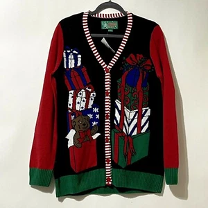 NWT Ugly Christmas Sweater women’s size L colorblock presents cardigan - Picture 1 of 7