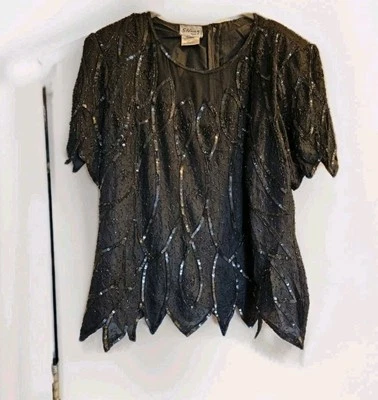  Vintage Stenay Women's  Black  Short Sleeve Sequin Beaded  Scalloped  Blouse 1X - Image 1 of 4