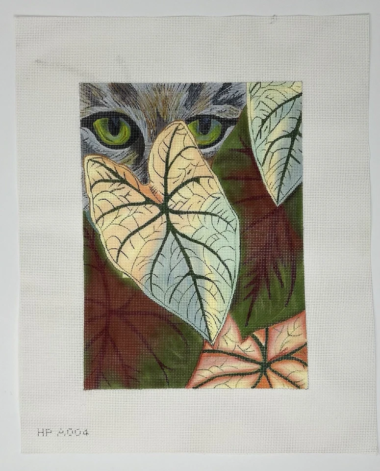 Cat and Caladium Hand Painted Needlepoint Canvas by HP Designs - Image 1 of 1