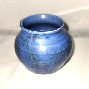 Art pottery handmade vase bowl pot 2.5" blue glaze REX  - Picture 1 of 8