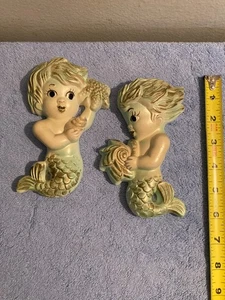 Vintage Chalkware Mermaid 1/2 Girl 1/2 Fish Bathroom Wall Plaques READ - Picture 1 of 8