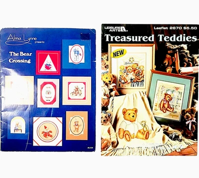 Cross Stitch Pattern Books 2 Vtg Treasured Teddies y Bear Crossing  Alma Leisure - Image 1 of 4