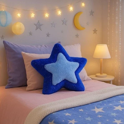 Vintage Y2K blau sternförmiges Dekokissen flauschig Glitzer Plüsch 15 Zoll weich Kawaii - Bild 1 von 4