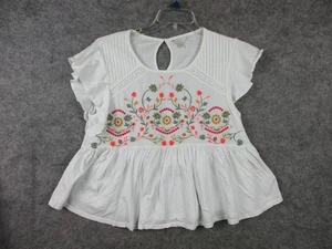 Lucky Brand Shirt Womens Large White Embroidered Floral Boho Flutter Sleeve Top - Picture 1 of 15