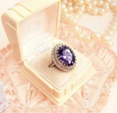 3 kt Ovalschliff simulierter Amethyst Damen Ehering Ring 14 Karat Weißgold... - Bild 1 von 4