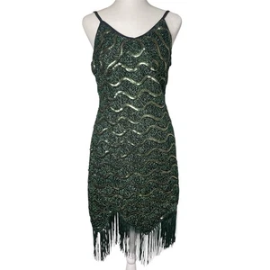 Pixiemain 1920s Flapper Dress Gatsby Fringed Roaring 20s Green Sequin Sparkle - Picture 1 of 10