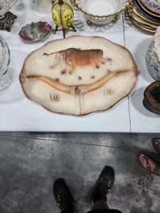 Rare 1959 LANE & CO Pottery BBQ Platter Western Longhorn Cattle T-11 21”X15” - Picture 1 of 3