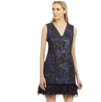 Nicole Miller Event Dress  Blue Black Jacquard Feather Fringe Hemline Size 10 - Image 1 of 4