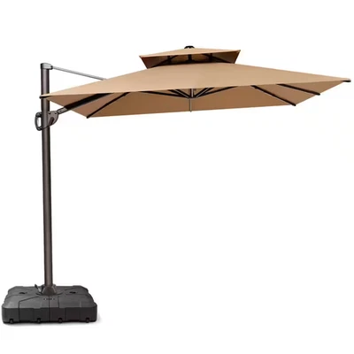 12 pies X 9 pies Paraguas de patio voladizo rectangular de doble tapa en marrón tostado con Foto 1 de 4