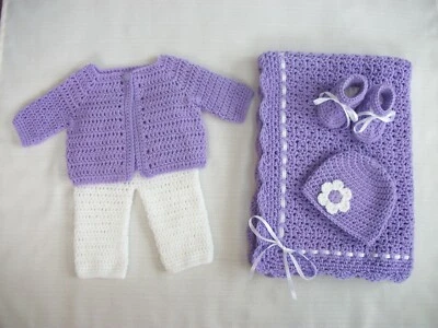 Crochet Baby Set - Blanket Sweater Pants Hat Booties 0-3m Handmade Shower Gift  - Image 1 of 4