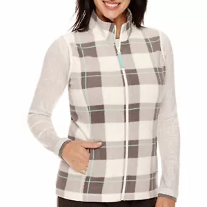 Made For Life Vest Polar Fleece Women's Size PXS Teal Ivory Gray Plaid Check Zip - Picture 1 of 3