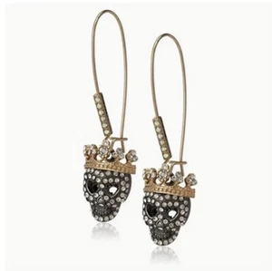 Earrings Skull Retro Gold Pearl Stud CZ Silver Gothic Dangle Black - Picture 1 of 7