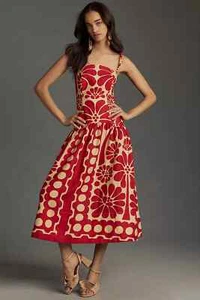 Vestido Farm Rio Lino Palermo Anthropologie Correa Con Cuentas Midi Floral Rojo XS NUEVO - Imagen 1 de 3